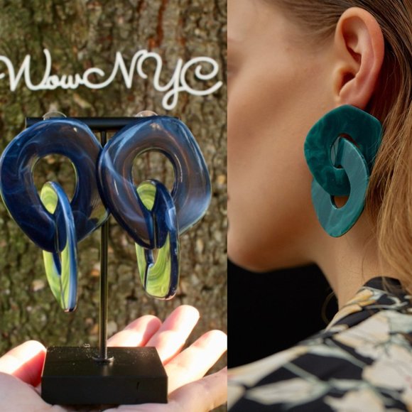 New Navy Tortoise Layered Circle Chain Earrings - Picture 1 of 9